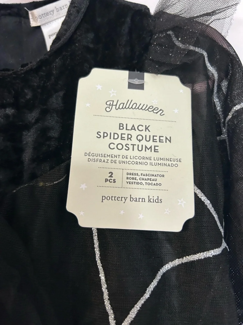 Pottery Barn Girls Black Spider Queen Costume Halloween Silver Web 2 Piece NWT